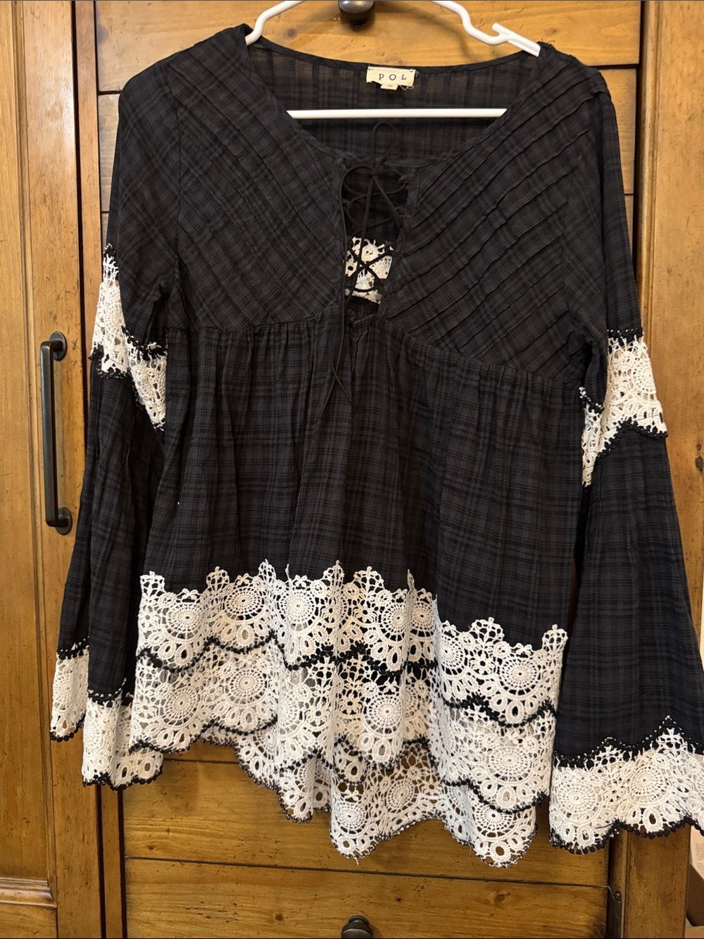 POL Black Blouse with White Crochet Trim